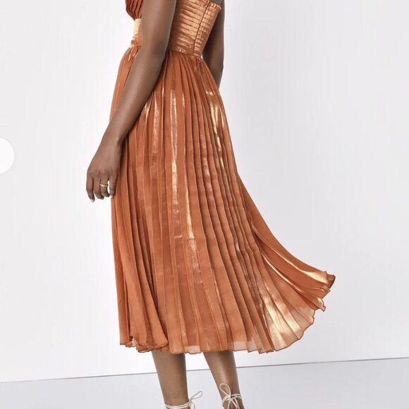Lulus Romantic Aesthetic Shiny Rust Orange Pleated Midi Dress - Size L - Picture 2 of 2
